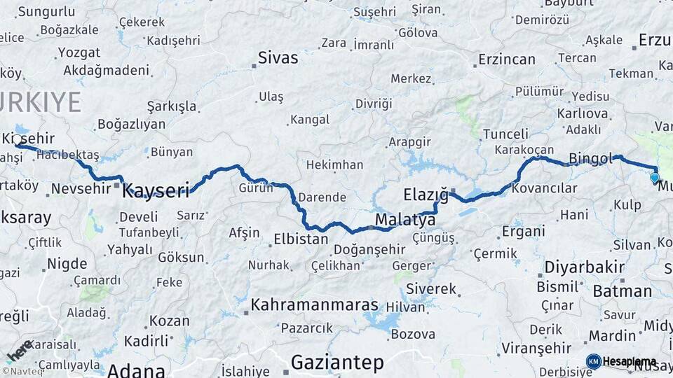 Muş Mucur Kırşehir Arası Kaç Km - Yol Haritası