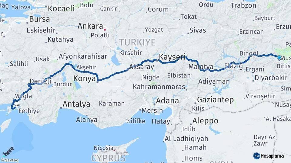 Muş Muğla Arası Kaç Km - Yol Haritası