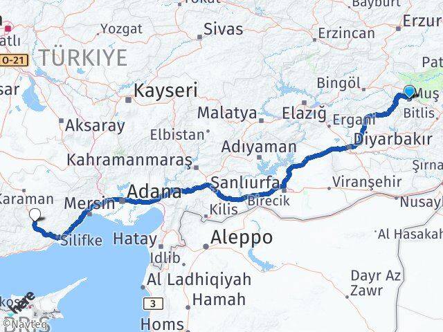 Muş Mut Mersin Arası Kaç Km - Yol Haritası