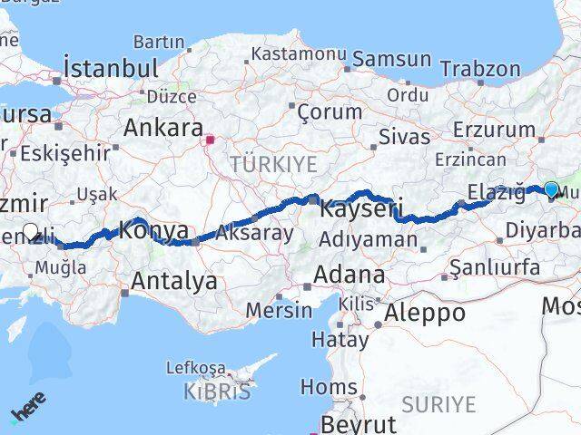 Muş Nazilli Aydın Arası Kaç Km - Yol Haritası