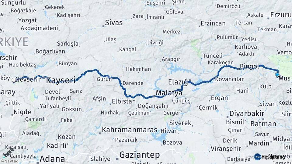 Muş Nevşehir Arası Kaç Km - Yol Haritası