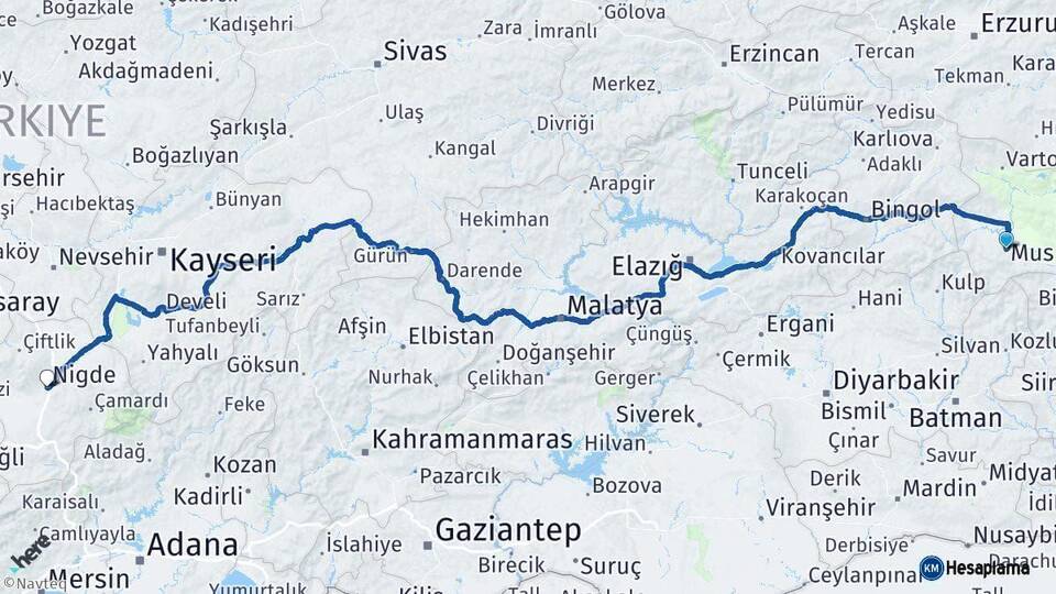 Muş Niğde Arası Kaç Km - Yol Haritası