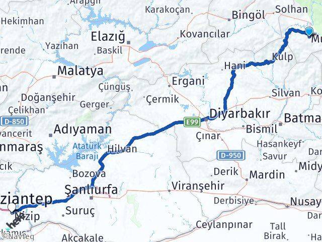 Muş Nizip Gaziantep Arası Kaç Km - Yol Haritası