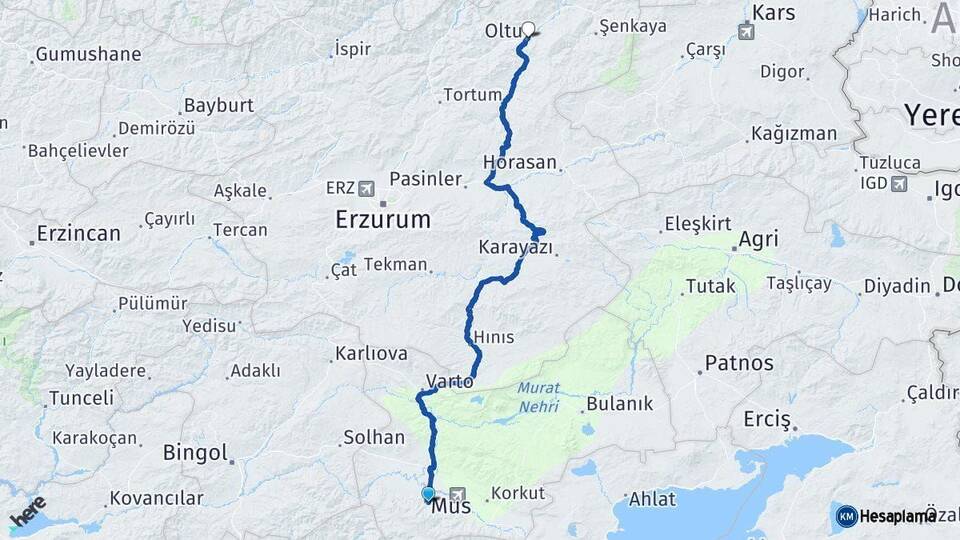 Muş Oltu Erzurum Arası Kaç Km - Yol Haritası