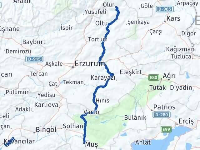 Muş Olur Erzurum Arası Kaç Km - Yol Haritası