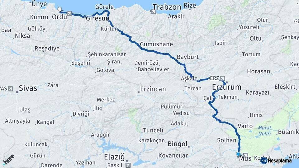 Muş Ordu Arası Kaç Km - Yol Haritası