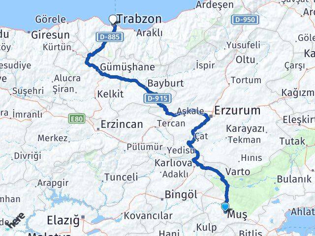 Muş Ortahisar Trabzon Arası Kaç Km - Yol Haritası