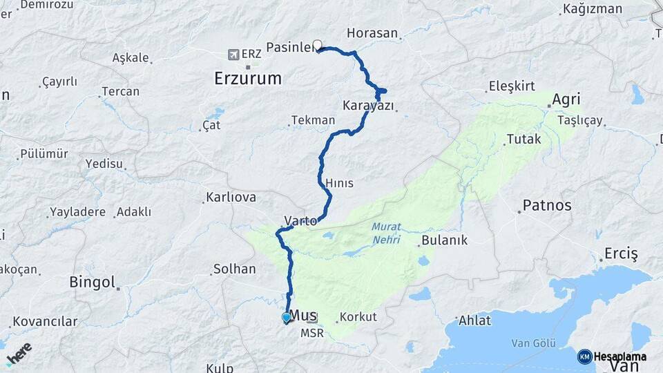 Muş Pasinler Erzurum Arası Kaç Km - Yol Haritası