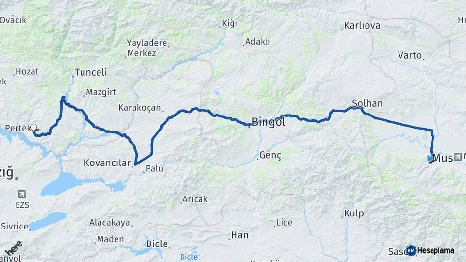 Muş Pertek Tunceli Arası Kaç Km - Yol Haritası