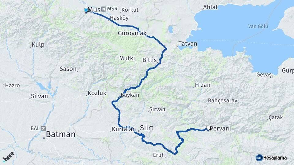 Muş Pervari Siirt Arası Kaç Km - Yol Haritası
