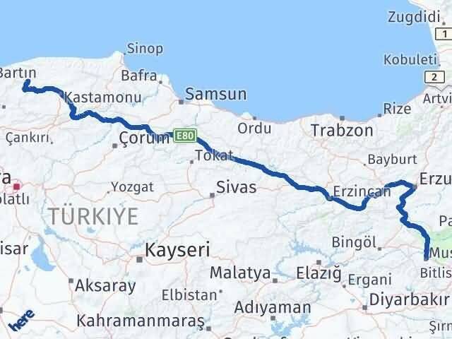 Muş Pınarbaşı Kastamonu Arası Kaç Km - Yol Haritası