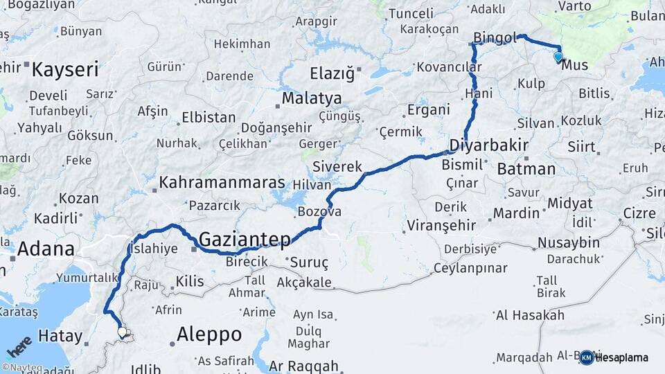 Muş Reyhanlı Hatay Arası Kaç Km - Yol Haritası
