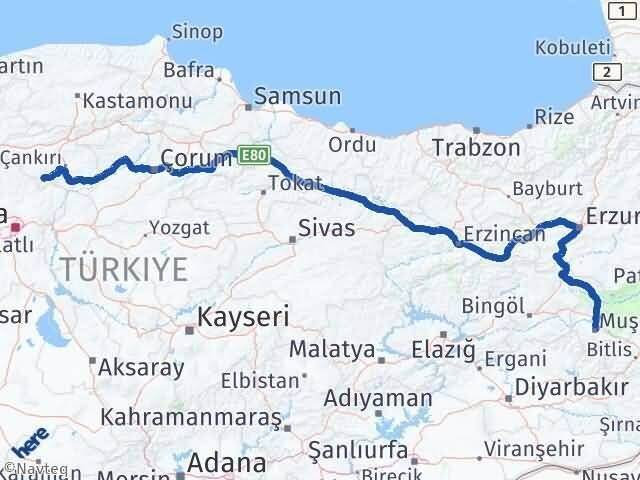 Muş Şabanözü Çankırı Arası Kaç Km - Yol Haritası
