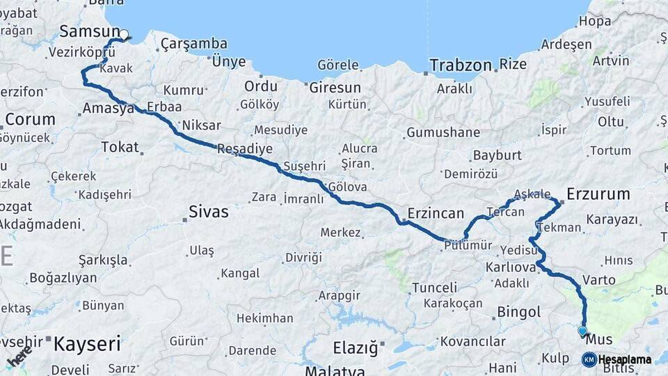 Muş Samsun Arası Kaç Km - Yol Haritası