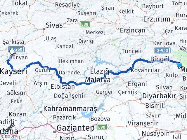 Muş Sarıoğlan Kayseri Arası Kaç Km - Yol Haritası