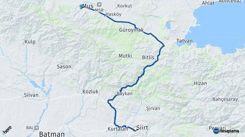 Muş Siirt Arası Kaç Km - Yol Haritası