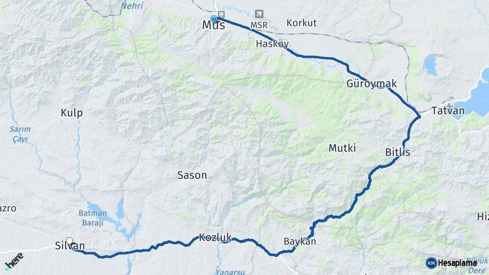 Muş Silvan Diyarbakır Arası Kaç Km - Yol Haritası