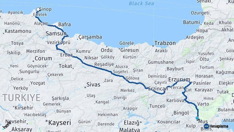 Muş Sinop Arası Kaç Km - Yol Haritası