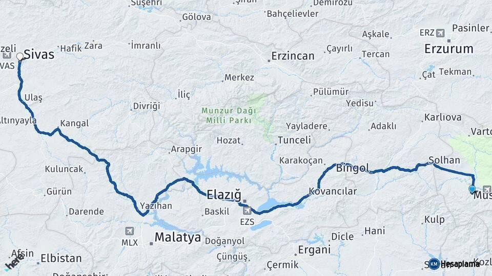 Muş Sivas Arası Kaç Km - Yol Haritası