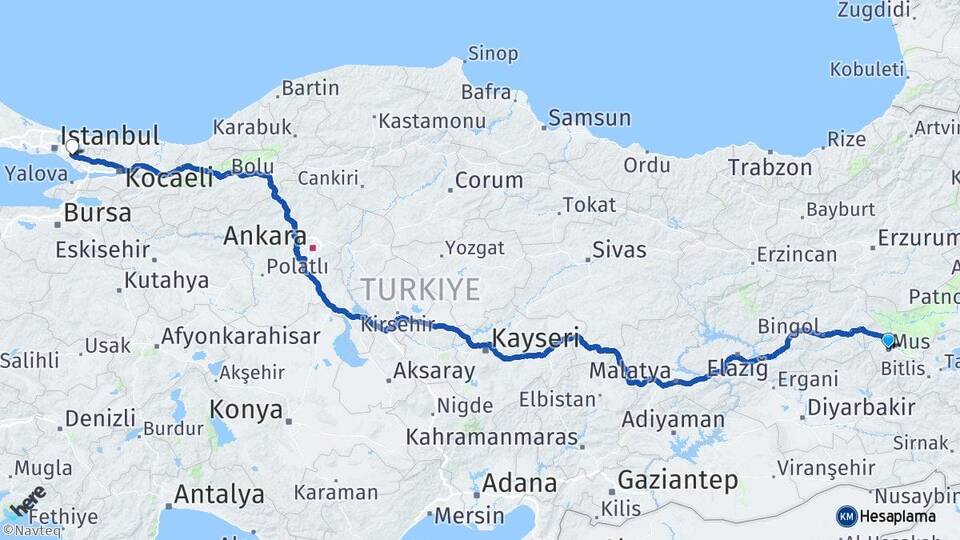 Muş Sultanbeyli İstanbul Arası Kaç Km - Yol Haritası