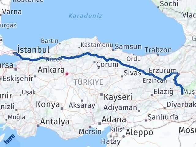 Muş Sultangazi İstanbul Arası Kaç Km - Yol Haritası