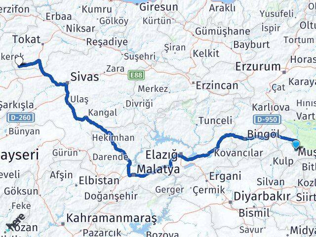 Muş Sulusaray Tokat Arası Kaç Km - Yol Haritası
