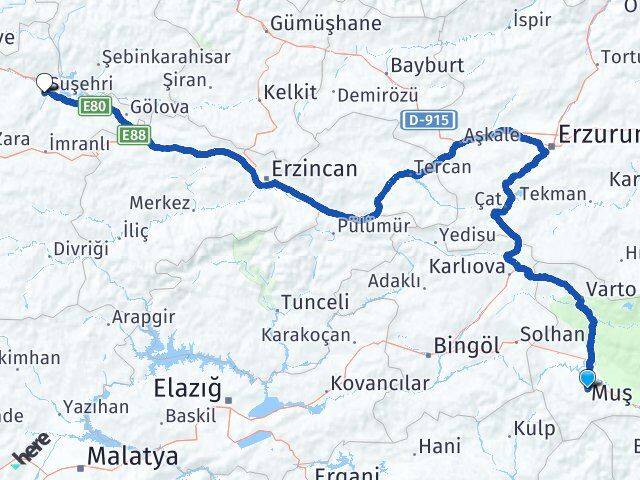 Muş Suşehri Sivas Arası Kaç Km - Yol Haritası