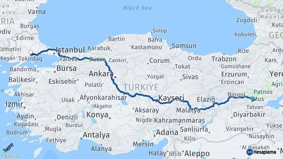 Muş Tekirdağ Arası Kaç Km - Yol Haritası