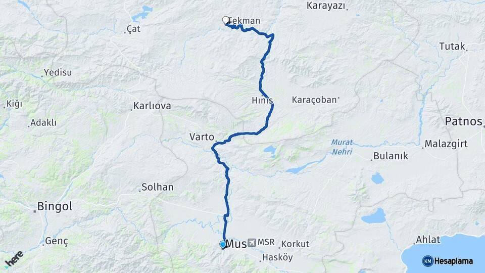 Muş Tekman Erzurum Arası Kaç Km - Yol Haritası