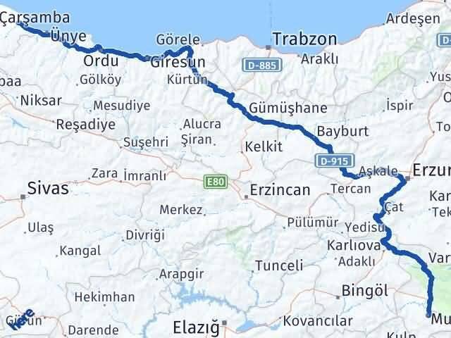 Muş Terme Samsun Arası Kaç Km - Yol Haritası