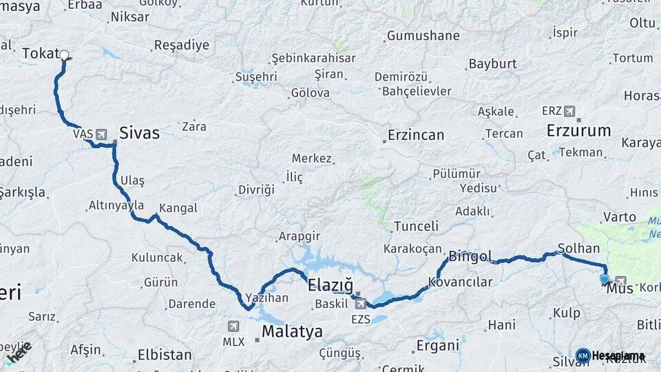 Muş Tokat Arası Kaç Km - Yol Haritası