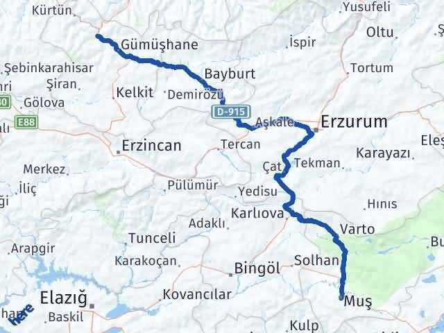 Muş Torul Gümüşhane Arası Kaç Km - Yol Haritası