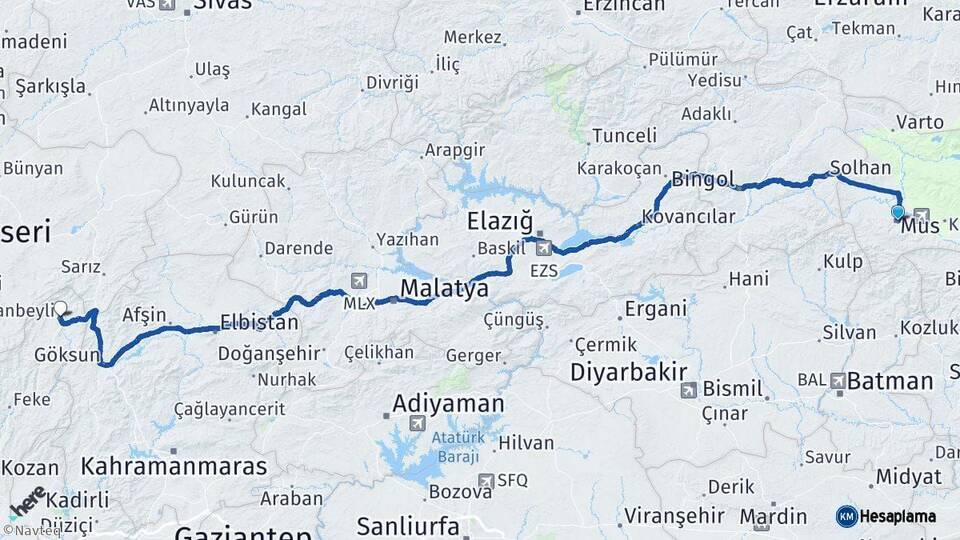Muş Tufanbeyli Adana Arası Kaç Km - Yol Haritası