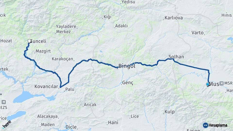 Muş Tunceli Arası Kaç Km - Yol Haritası