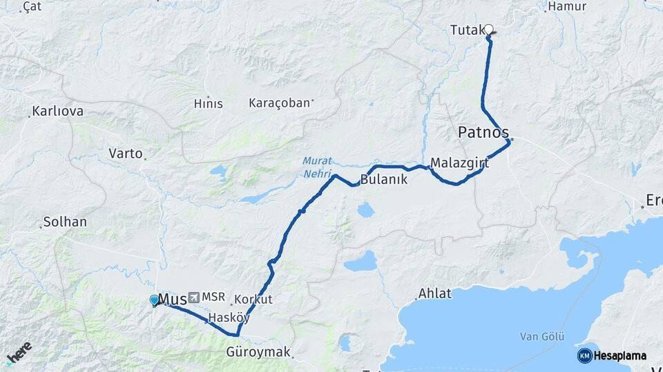Muş Tutak Ağrı Arası Kaç Km - Yol Haritası