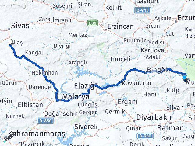 Muş Ulaş Sivas Arası Kaç Km - Yol Haritası