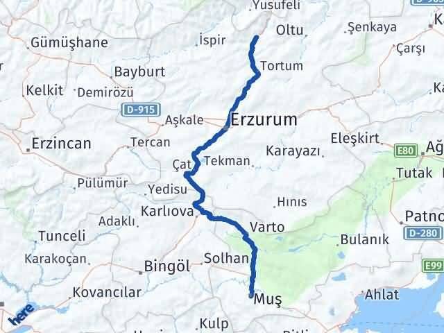 Muş Uzundere Erzurum Arası Kaç Km - Yol Haritası
