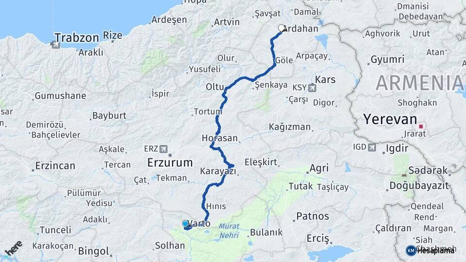 Muş Varto Ardahan Arası Kaç Km - Yol Haritası