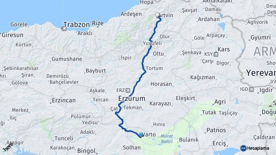 Muş Varto Artvin Arası Kaç Km - Yol Haritası