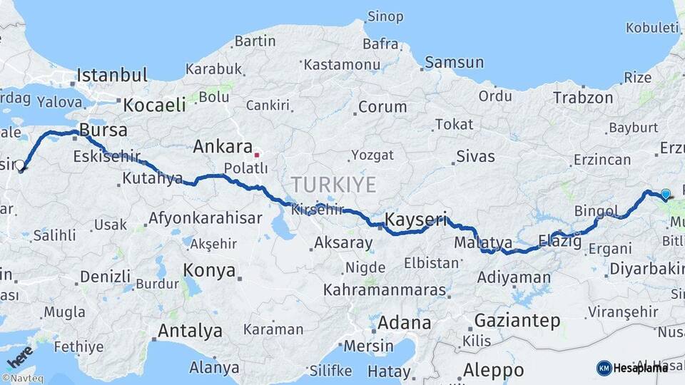 Muş Varto Balıkesir Arası Kaç Km - Yol Haritası