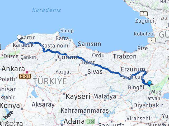 Muş Varto Bartın Arası Kaç Km - Yol Haritası