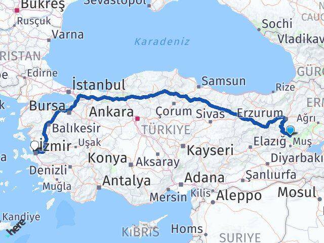 Muş Varto Çiğli İzmir Arası Kaç Km - Yol Haritası
