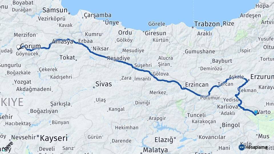Muş Varto Çorum Arası Kaç Km - Yol Haritası