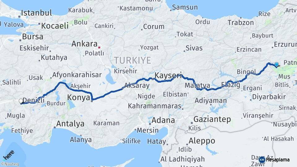 Muş Varto Denizli Arası Kaç Km - Yol Haritası