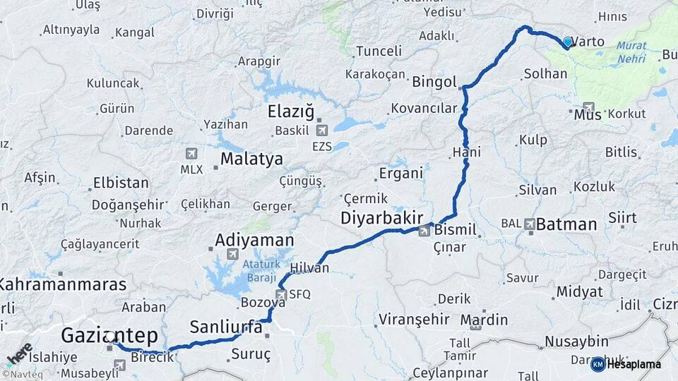 Muş Varto Gaziantep Arası Kaç Km - Yol Haritası