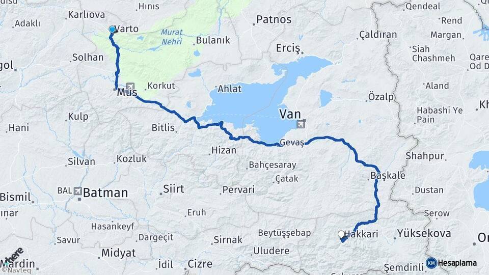 Muş Varto Hakkari Arası Kaç Km - Yol Haritası