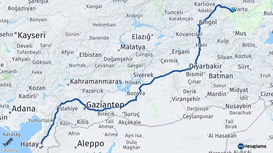 Muş Varto Hatay Arası Kaç Km - Yol Haritası