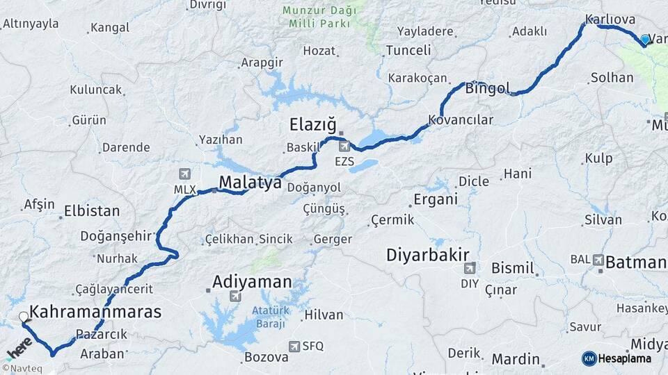 Muş Varto Kahramanmaraş Arası Kaç Km - Yol Haritası