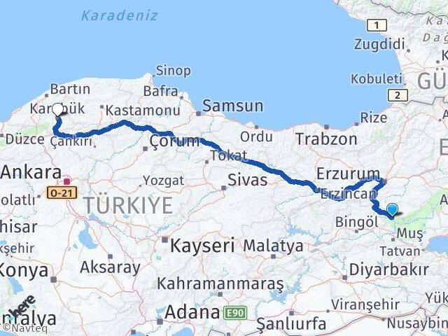 Muş Varto Karabük Arası Kaç Km - Yol Haritası