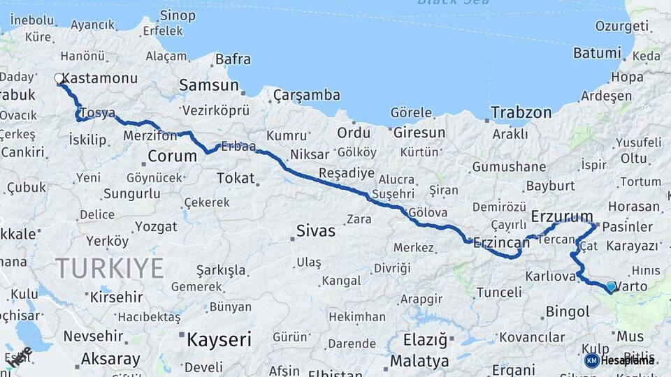 Muş Varto Kastamonu Arası Kaç Km - Yol Haritası